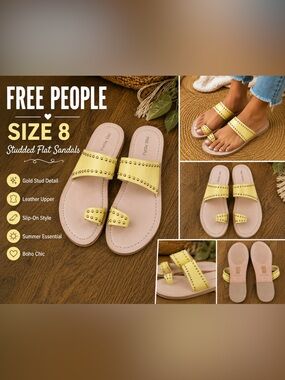 Free People Studded Flat Sandals Yellow Leather Toe Loop Slides Size 8